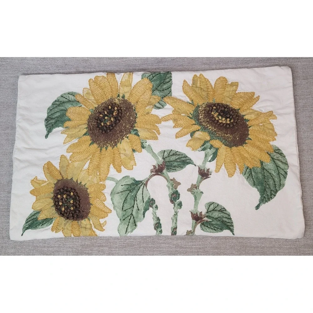 Pottery Barn Sunflower Floral Embroidered Button Closure 16x26 Pillow 2012 Stock